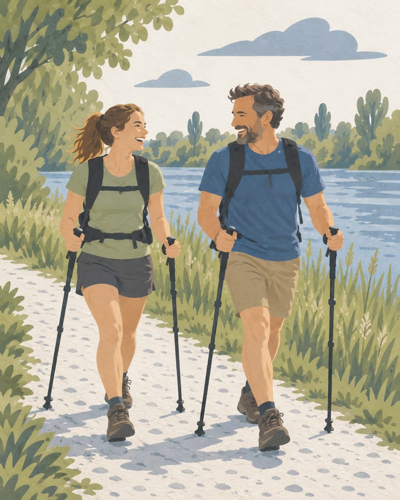 Eine Frau und ein Mann nebeneinander mit Stöcken am Donauufer, lachend