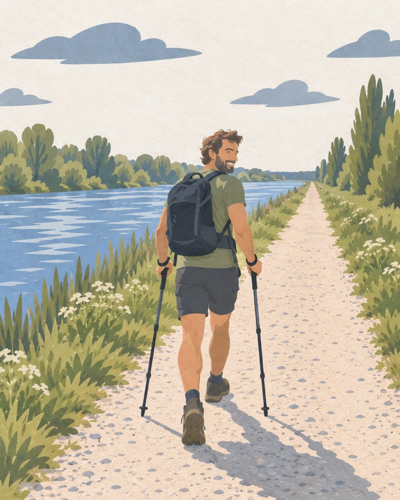 Ein Mann allein mit Rucksack und Stöcken auf dem geraden Kiesweg an der Donau