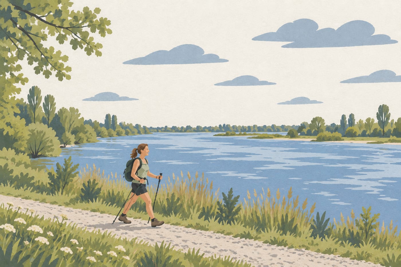 Eine Frau mit Rucksack und Stöcken auf dem Weg an der Donau, weite Flusslandschaft