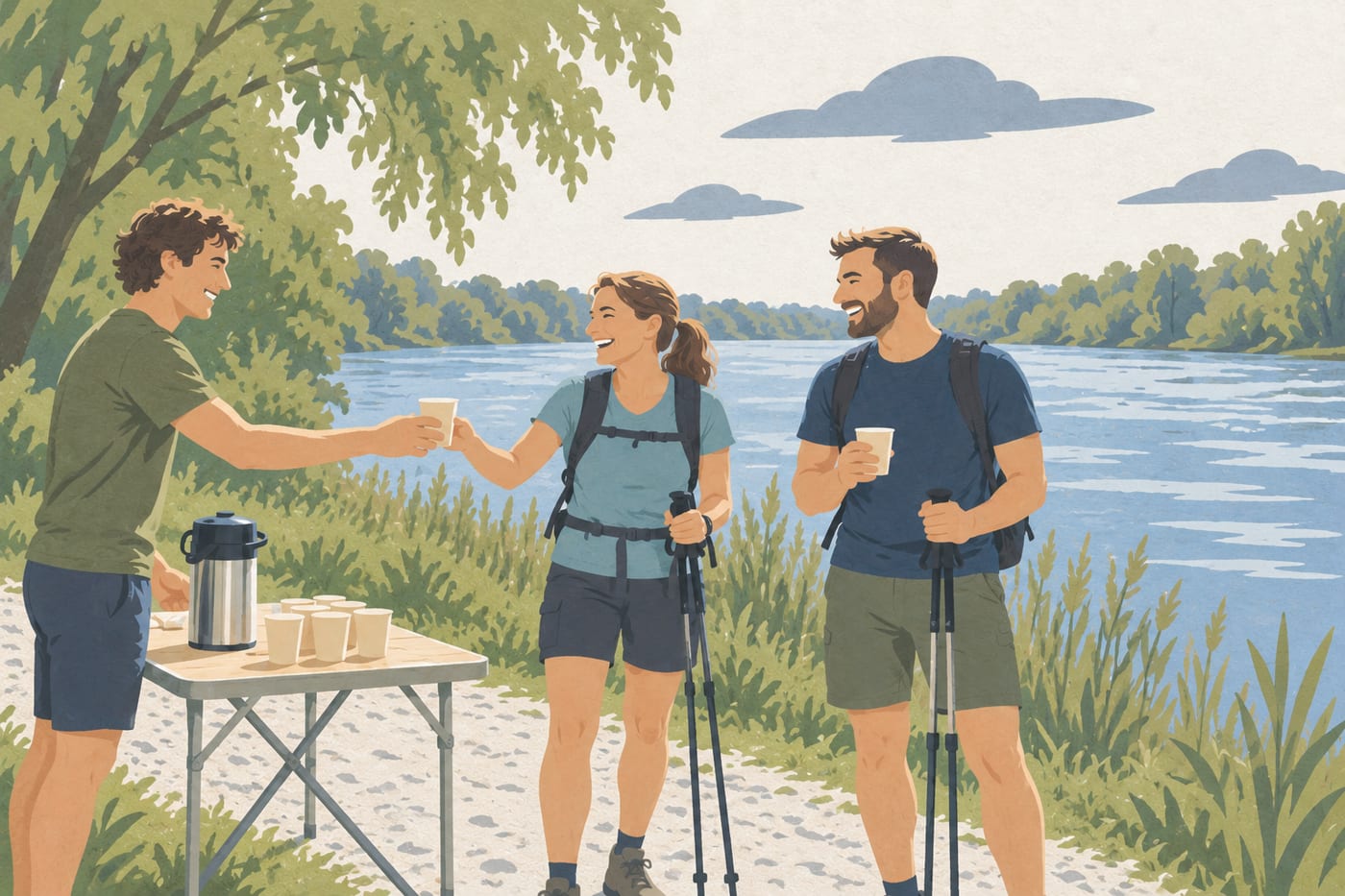 Verpflegungspunkt am Donauufer: Helfer reicht Becher, zwei Wandernde machen Pause