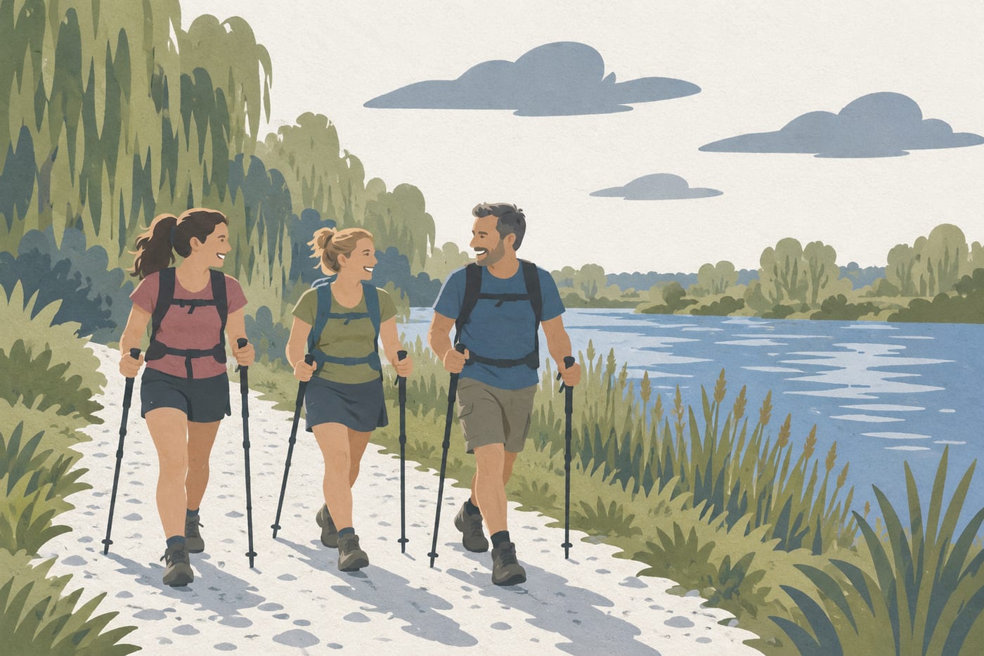 Drei Wandernde mit Stöcken auf dem Kiesweg an der Donau, Sonne, Fluss rechts