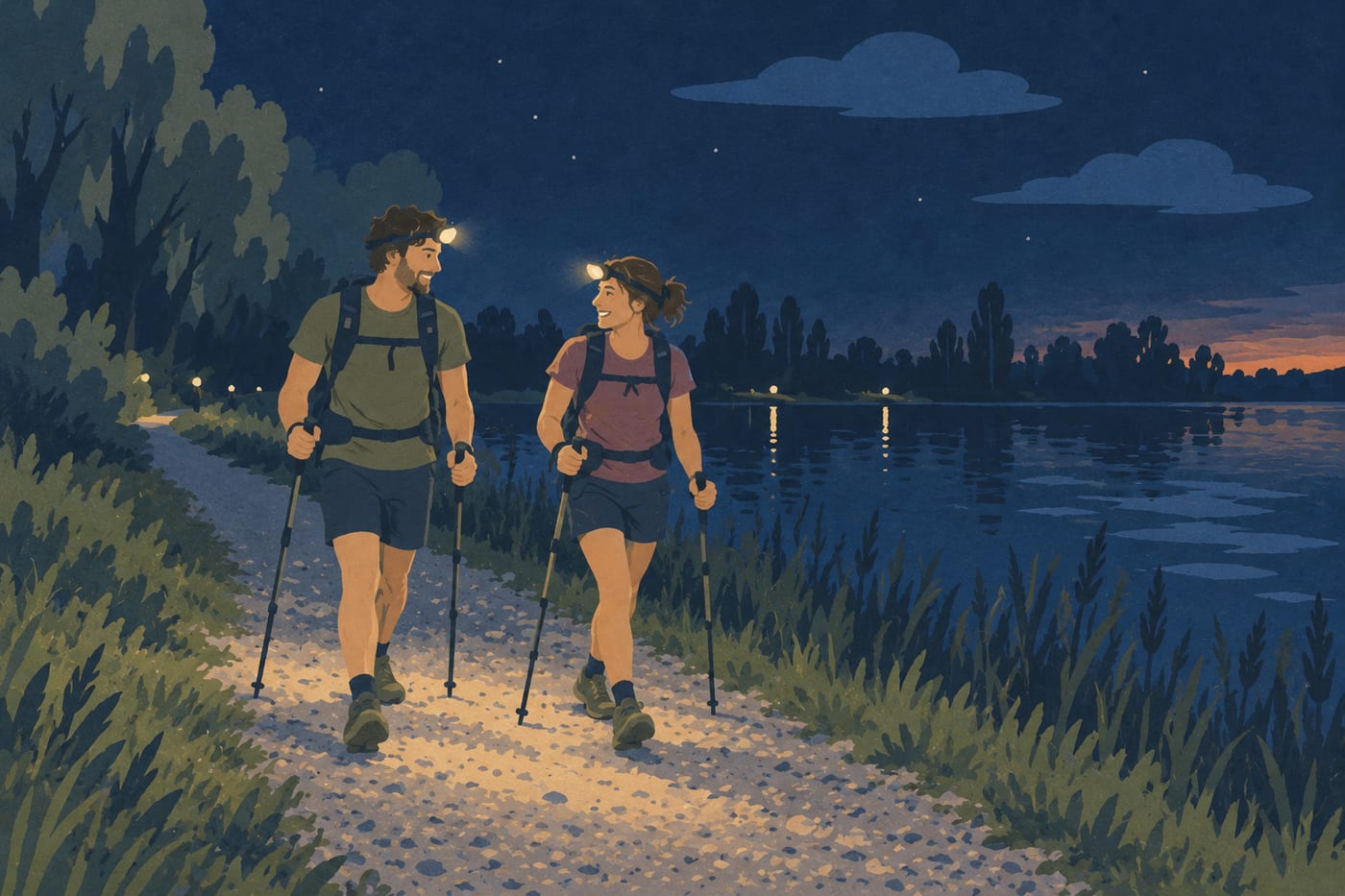 Zwei Wandernde mit Stirnlampen auf dem Kiesweg an der Donau in der Nacht, weitere Lichter dahinter
